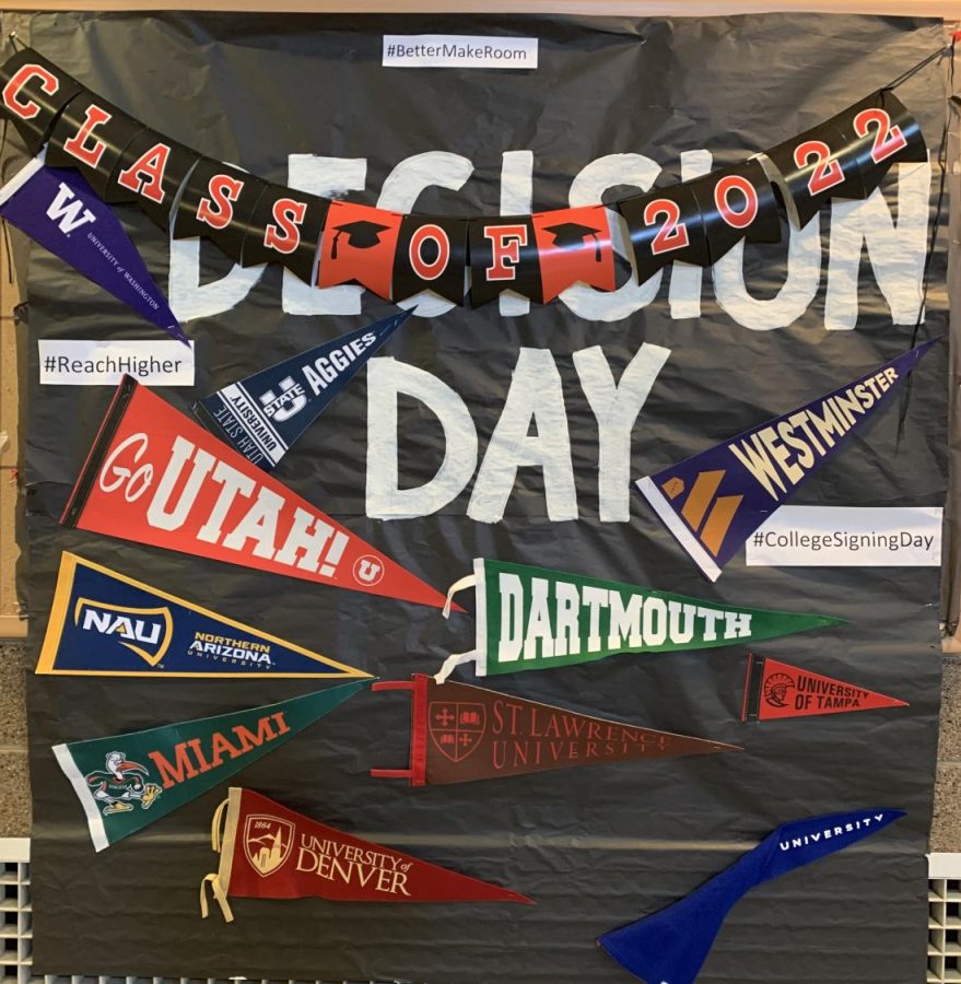 The college decision day display in the hallway.