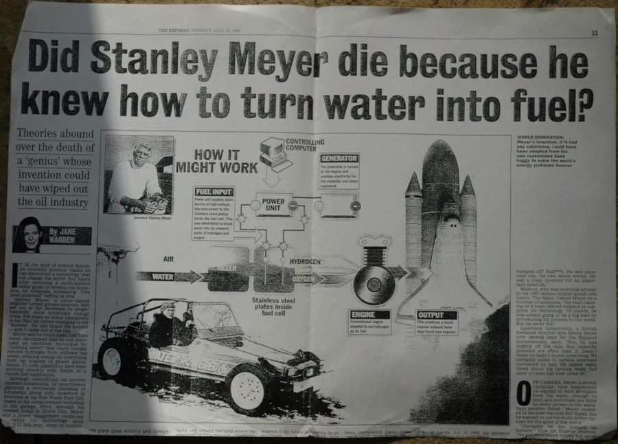A newspaper excerpt that details Meyers alleged water-powered car. Courtesy of The Classic Car Trust
